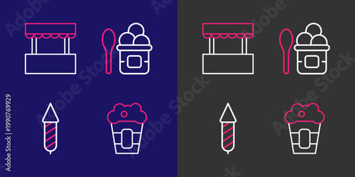 Set line Popcorn in box, Firework rocket, Ice cream bowl and Ticket office icon. Vector