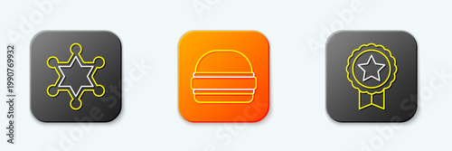 Set line Hexagram sheriff, Burger and Medal with star icon. Vector