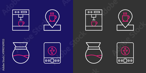 Foto Set line Electronic coffee scales, Pour over maker, Location with cup and Coffee machine icon