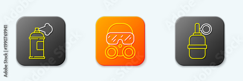 Set line Paint spray can, Gas mask and Hand grenade icon. Vector