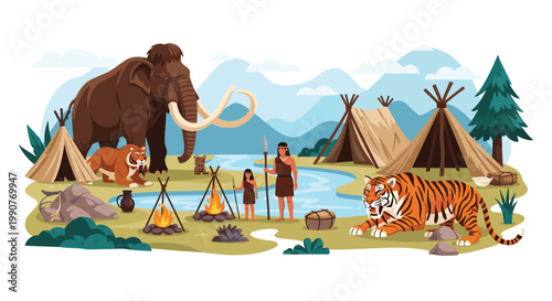 Detailed prehistoric landscape featuring early humans, a mammoth, saber-tooth tigers, and a campsite near a winding river.