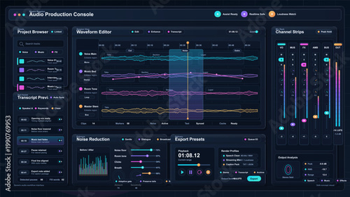 Futuristic dark audio production console interface with waveform editor, mixer channels, transcript panel, noise reduction and export tools