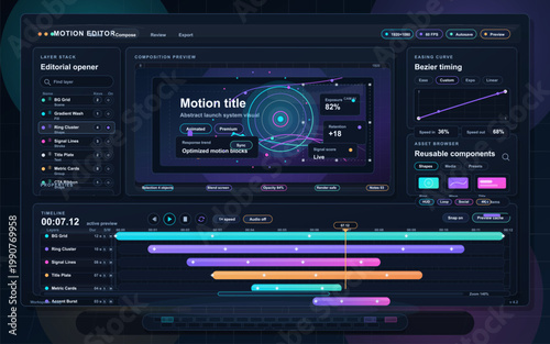 Dark motion graphics editor dashboard interface with composition preview, easing curve, asset browser, layer stack and timeline control panel