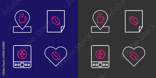 Set line Coffee Lovers, Electronic coffee scales, poster and Location with cup icon. Vector