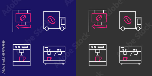 Set line Coffee machine, street truck and Street signboard coffee icon. Vector