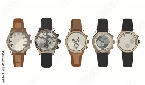 Luxury Classic Wrist Watch Vector Illustration Set with Elegant Vintage Timepiece Designs