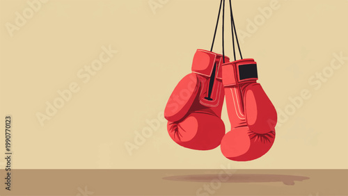 Vibrant red boxing gloves hang from strings in a gym