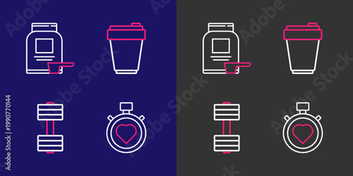 Set line Heart in the center stopwatch, Dumbbell, Fitness shaker and Sports nutrition icon. Vector