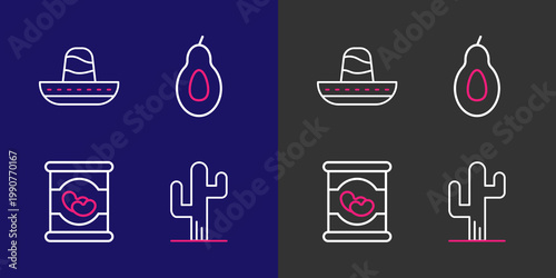 Set line Cactus, Beans in can, Avocado and Mexican sombrero icon. Vector