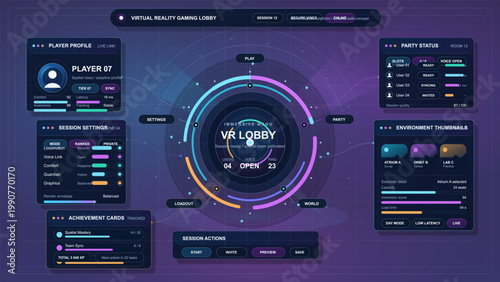 Virtual reality gaming lobby dashboard with central radial menu, player profile, party status, session settings and environment selection panels.