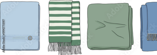 Folded Towel and Blanket Set Illustration with Striped Fabric, Fringe Detail, and Soft Textile Items for Bathroom, Home Decor, and Laundry Design