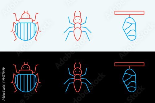 Set line Butterfly cocoon, Colorado beetle and Ant icon. Vector