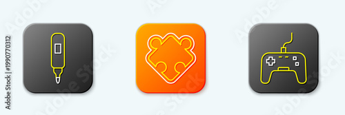 Set line Marker pen, Puzzle pieces toy and Gamepad icon. Vector