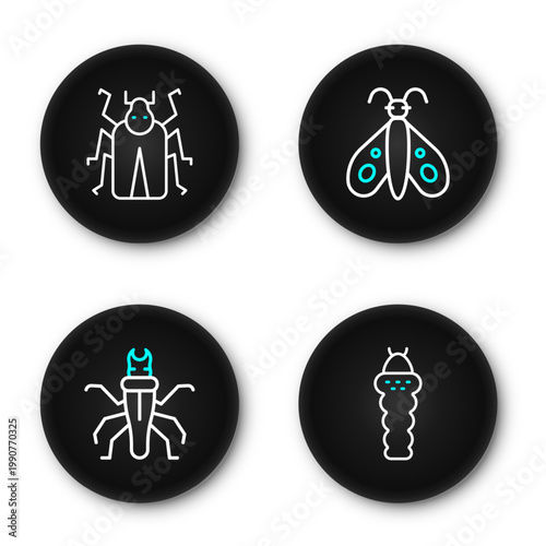Set line Larva insect, Termite, Butterfly and Beetle bug icon. Vector