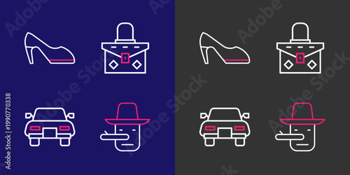 Set line Pinocchio, Car, Handbag and Woman shoe icon. Vector
