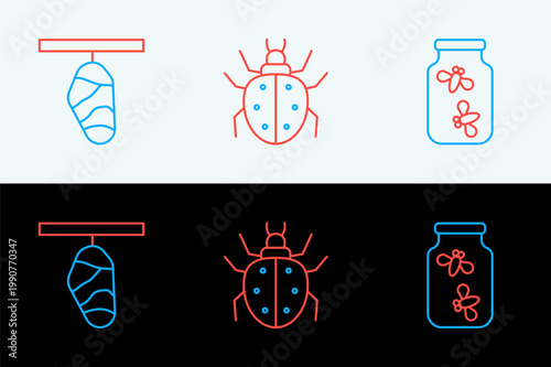 Set line Fireflies bugs in a jar, Butterfly cocoon and Mite icon. Vector