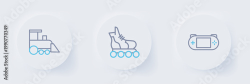 Set line Portable video game console, Roller skate and Toy train icon. Vector