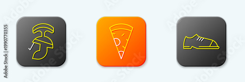 Set line Roman army helmet, Slice of pizza and Men shoes icon. Vector