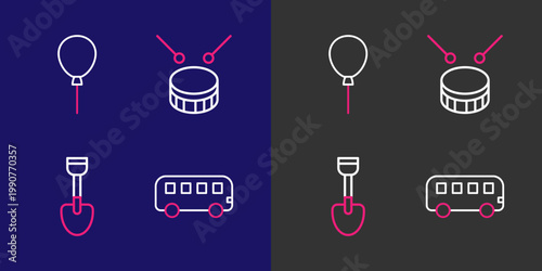 Set line Bus toy, Shovel, Drum with drum sticks and Balloons ribbon icon. Vector