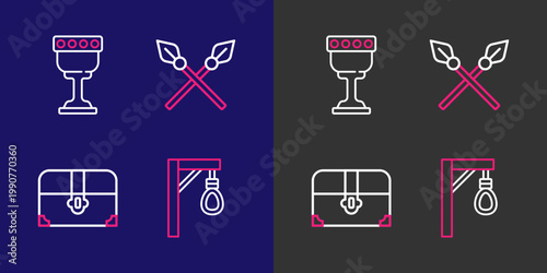 Set line Gallows, Antique treasure chest, Crossed medieval spears and Medieval goblet icon. Vector