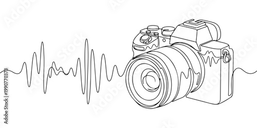 A continuous line drawing depicts a classic dslr camera and sound waves