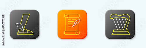 Set line Hermes sandal, Decree, parchment, scroll and Harp icon. Vector