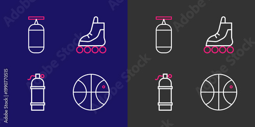 Set line Basketball ball, Aqualung, Roller skate and Punching bag icon. Vector
