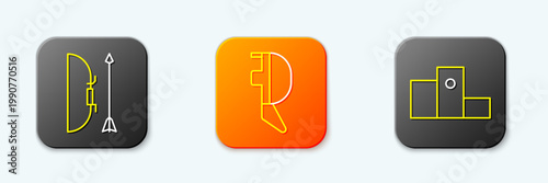 Set line Bow and arrow in quiver, Fencing helmet mask and Award over sports winner podium icon. Vector
