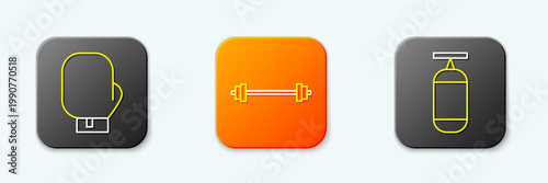 Set line Boxing glove, Barbell and Punching bag icon. Vector
