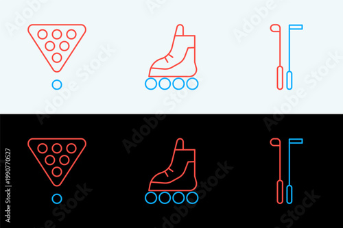 Set line Golf club, Billiard balls in rack triangle and Roller skate icon. Vector
