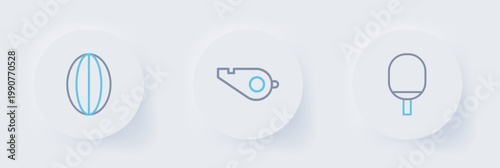 Set line Racket for playing table tennis, Whistle and Rugby ball icon. Vector