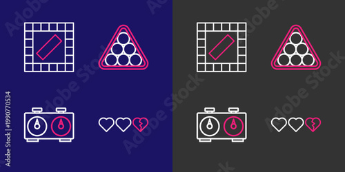 Set line Hearts for game, Time chess clock, Billiard balls in triangle and Board icon. Vector