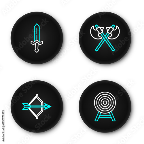 Set line Target with arrow, Medieval bow and, Crossed medieval axes and sword icon. Vector