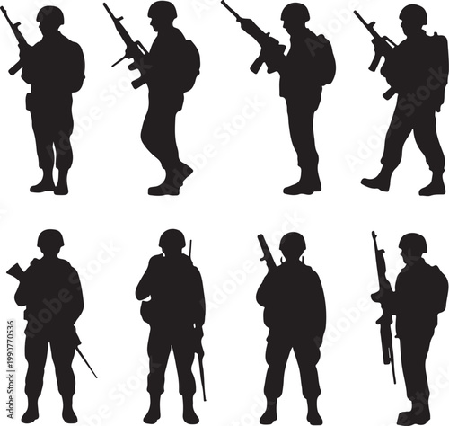 Military personnel silhouettes with various types of firearms