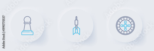 Set line Casino roulette wheel, Dart arrow and Chess icon. Vector