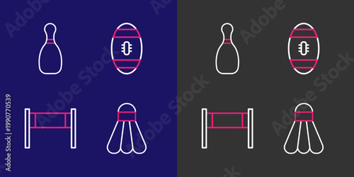 Set line Badminton shuttlecock, Volleyball net, American Football and Bowling pin icon. Vector
