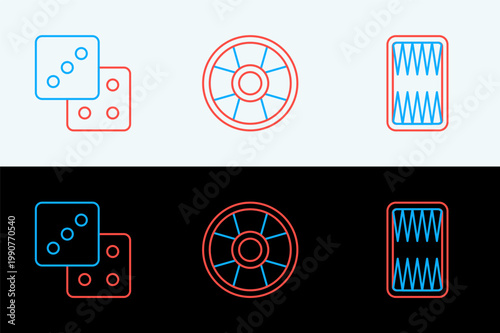 Set line Backgammon board, Game dice and Casino chip icon. Vector