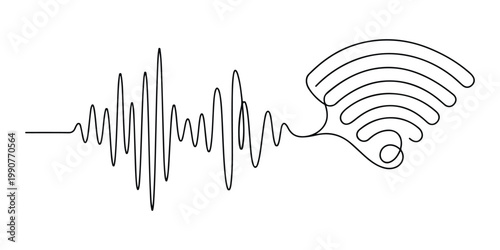A continuous line drawing depicts a sound wave merging into a wifi symbol