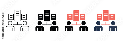 Vector graphic illustration showing four stylized server storage icons featuring abstract human figures and data management symbols for modern computing and network technology