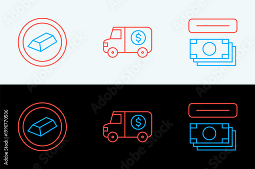 Set line ATM and money, Gold bars and Armored truck icon. Vector