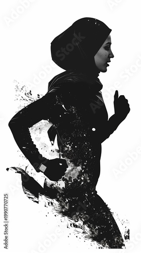 Young Muslim woman running in dynamic motion with abstract background  