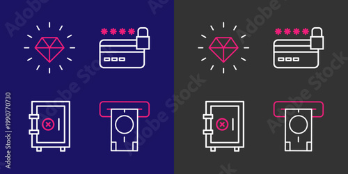 Set line ATM and money, Safe, Credit card with lock and Diamond icon. Vector