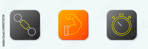 Set line Dumbbell, Bodybuilder muscle and Stopwatch icon. Vector