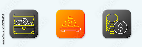 Set line Treasure chest, Gold bars and Coin money with dollar icon. Vector