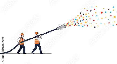 Two construction workers holding a large cable, spraying colorful data particles, symbolizing network connection and data transfer.