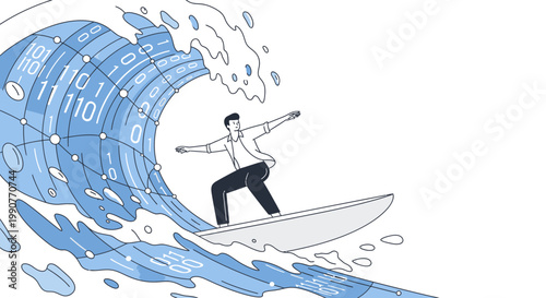 Businessman surfing on a digital wave of binary code and network connections, symbolizing data flow and technology.