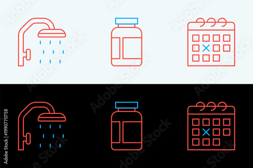 Set line Calendar fitness, Shower head and Sports nutrition icon. Vector