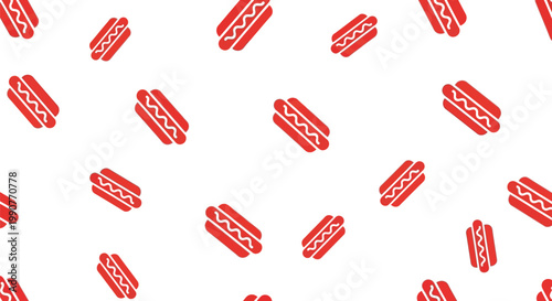 Seamless pattern featuring red hot dog icons with wavy mustard for food themes