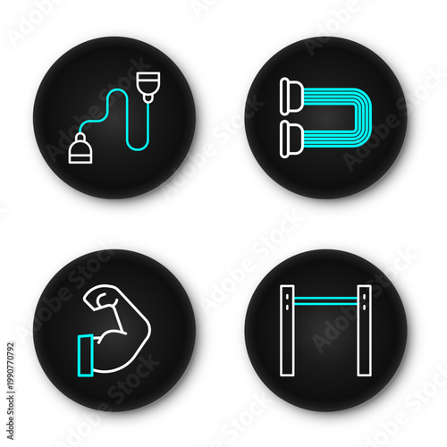 Set line Horizontal bar, Bodybuilder muscle, Chest expander and icon. Vector