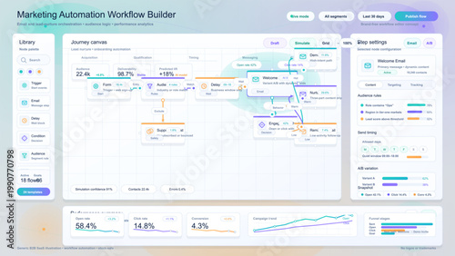 Modern marketing automation workflow builder dashboard with journey canvas, email nodes, audience rules, analytics cards, and settings panel.